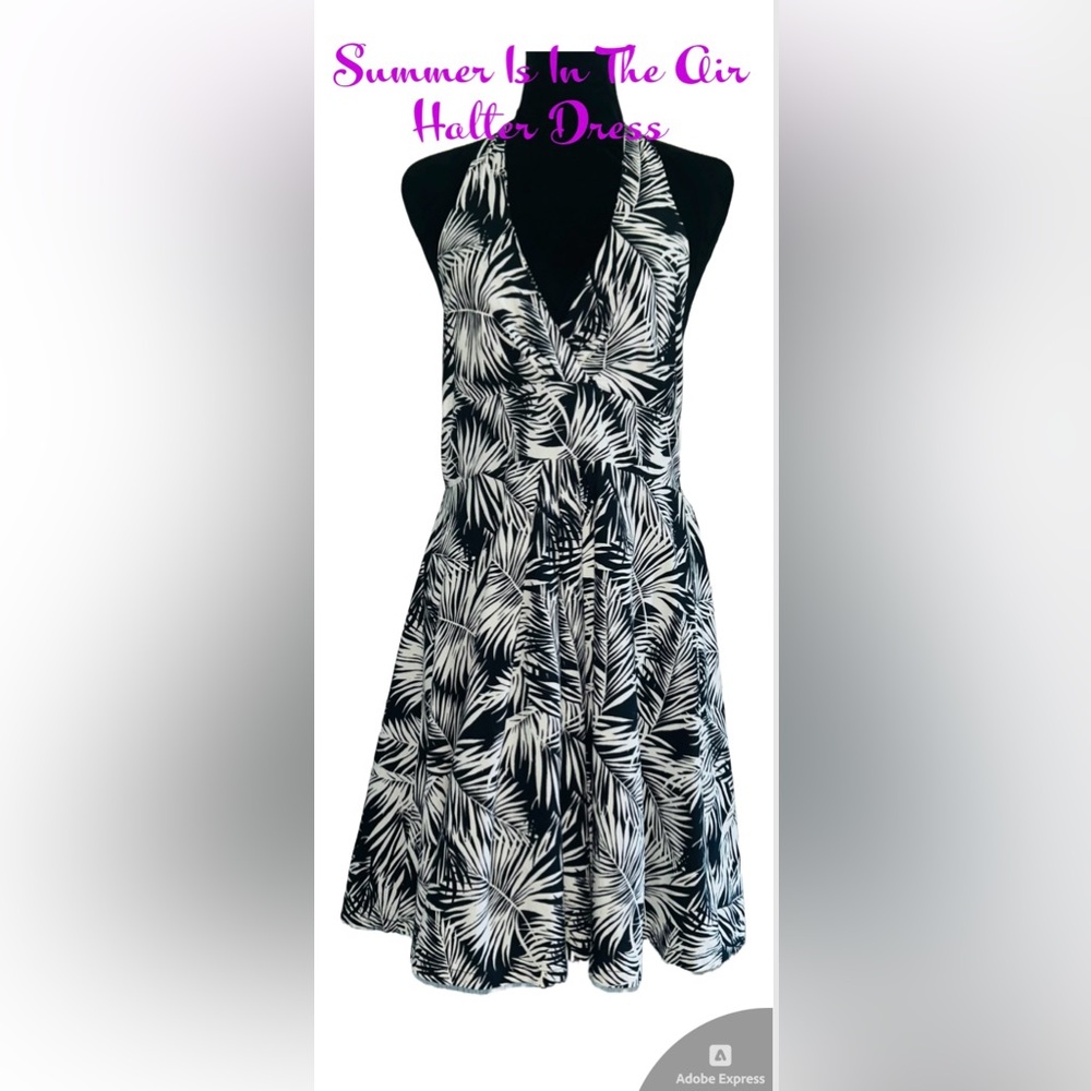 H &‎ M Black and White Tropical Tie Halter Dress Size 8
